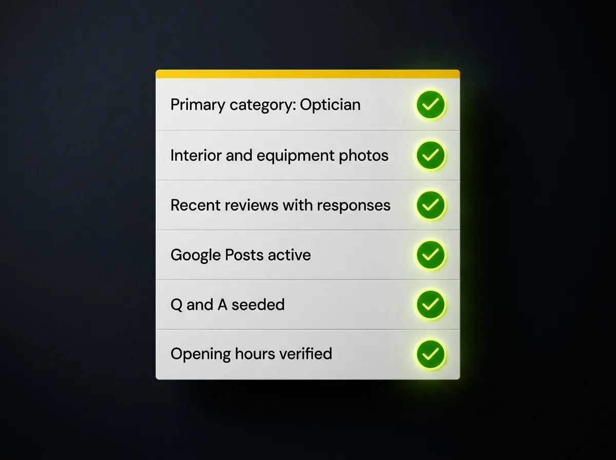 Illustrated Google Business Profile completeness checklist for independent opticians