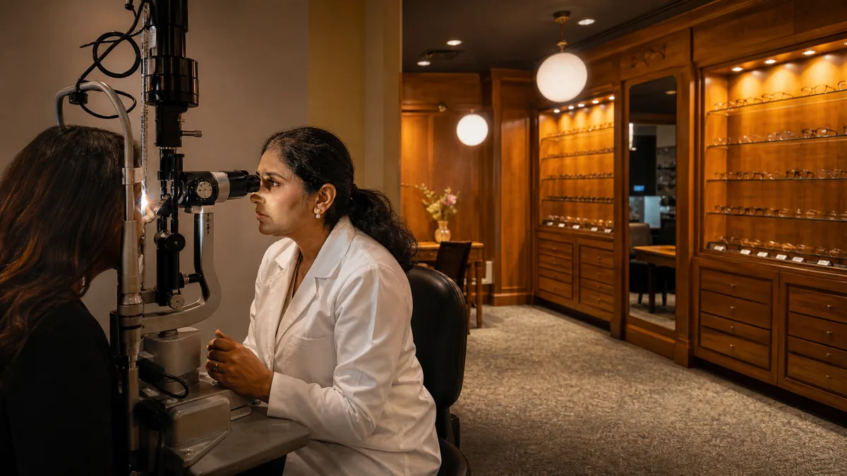 Optometrist conducting an eye examination at a slit lamp in an independent optician practice