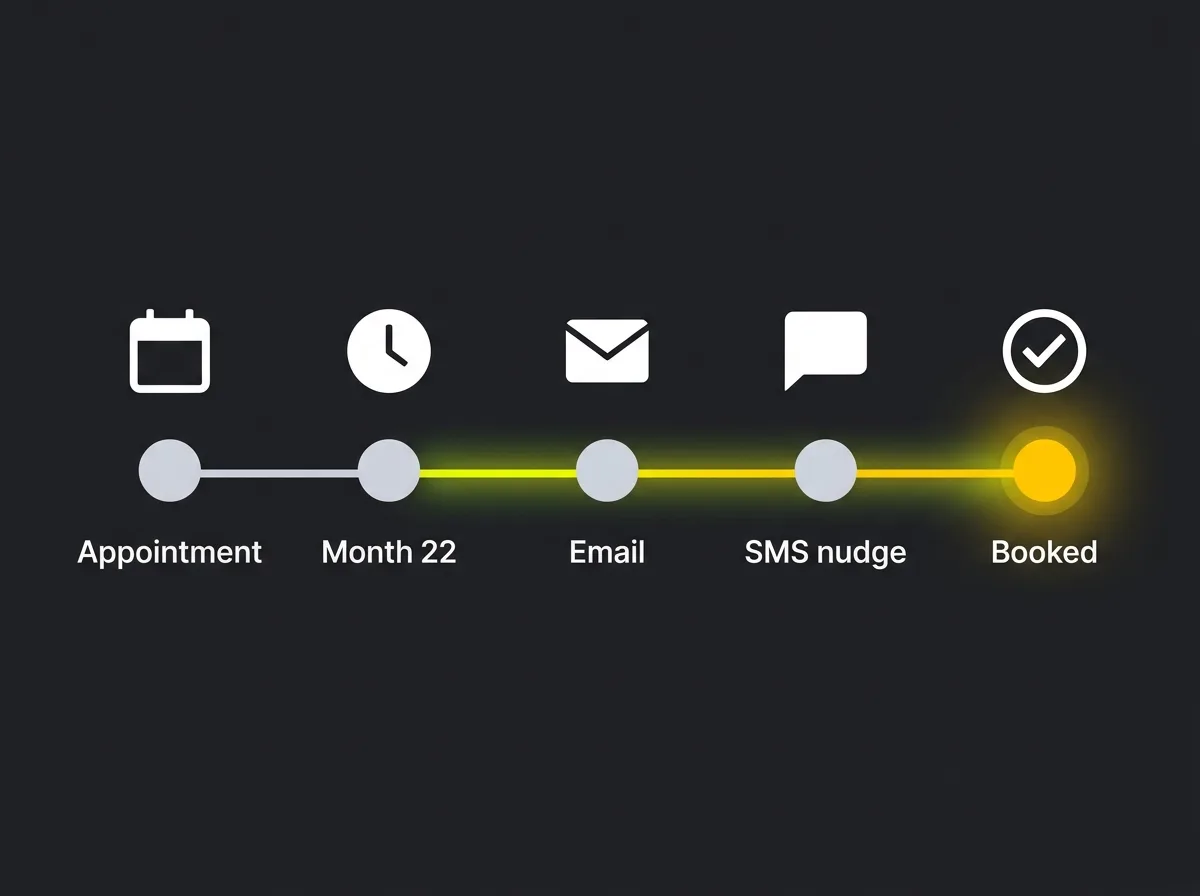 Recall marketing timeline showing the journey from optician appointment to patient rebooking