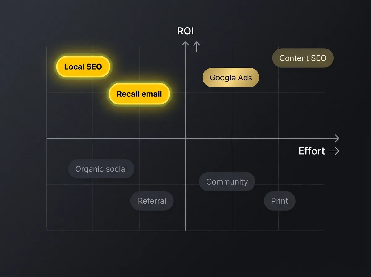ROI versus effort matrix plotting eight marketing channels for independent opticians