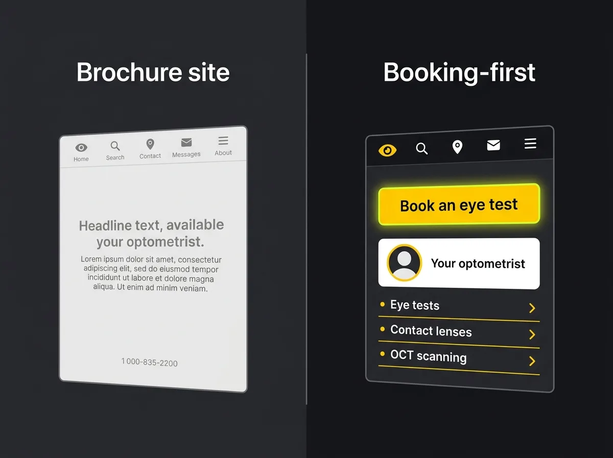 Side-by-side comparison of a brochure optician website versus a conversion-optimised booking-first design