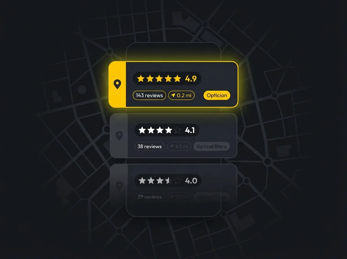 Stylised Google map pack showing an independent optician ranking above national chains