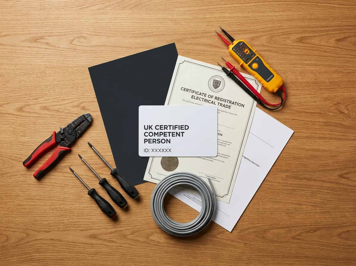 NICEIC contractor card and Checkatrade certificate on an electrician's workbench beside electrical tools