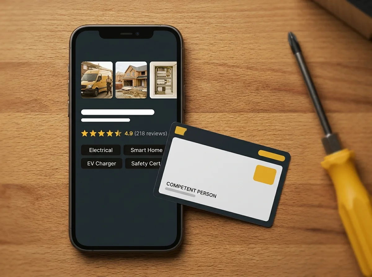 Smartphone showing a complete electrician Google Business Profile beside an NICEIC contractor card