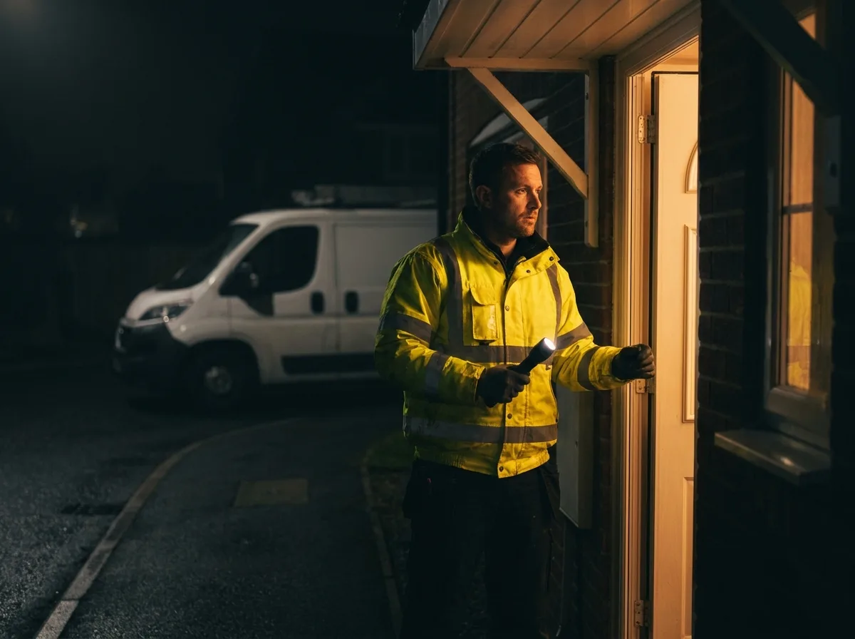 UK electrician arriving at a residential doorstep at night for an emergency call-out