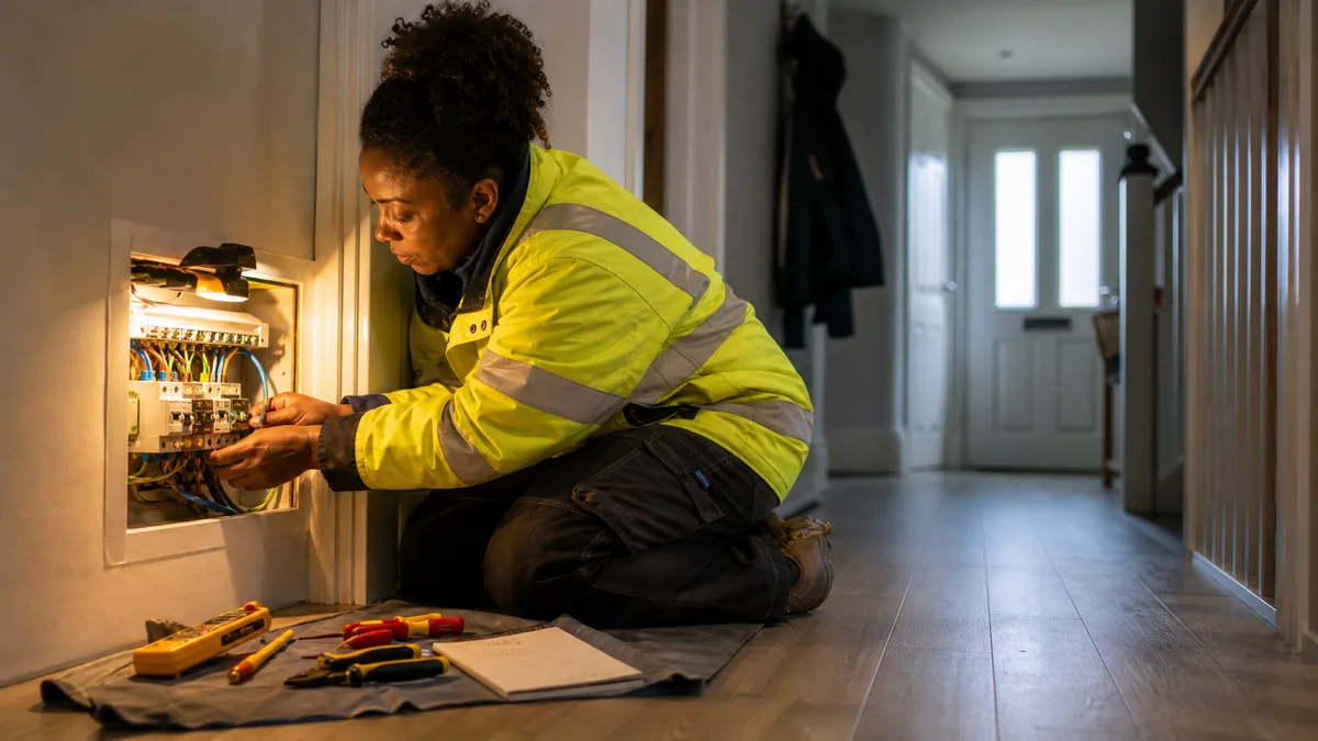 UK electrician in high-vis jacket working on a residential consumer unit panel