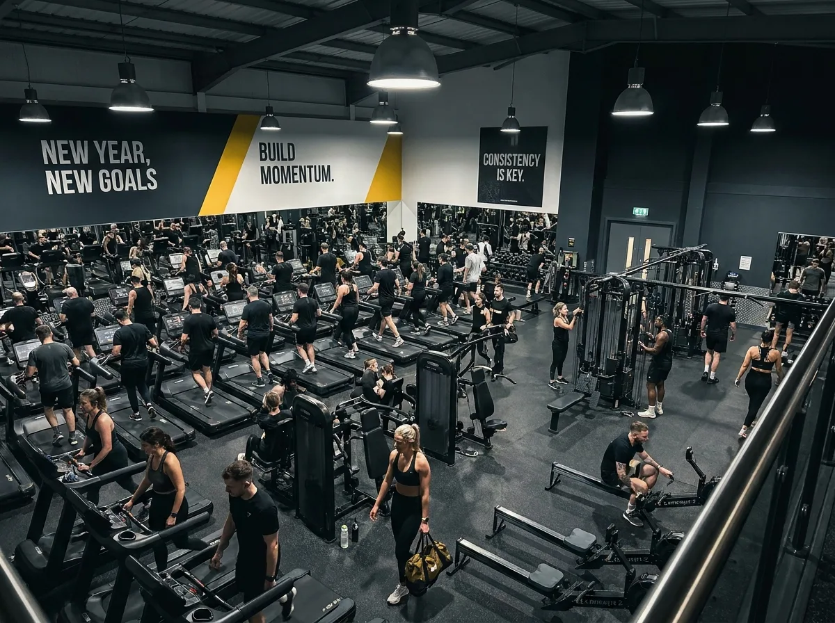 Busy gym floor packed with new members in January with motivational signage