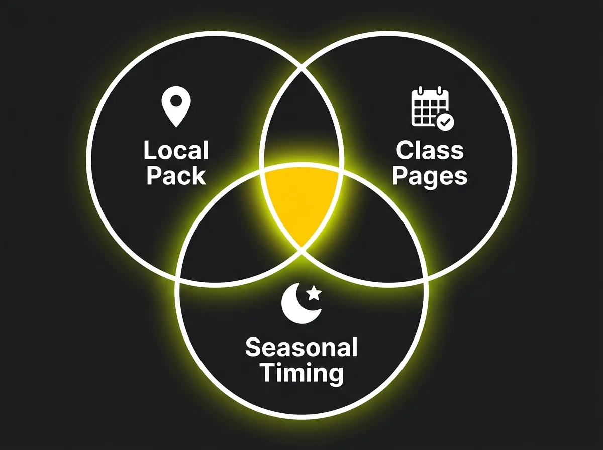 Diagram showing the three layers of gym SEO: local pack, class pages, and seasonal timing