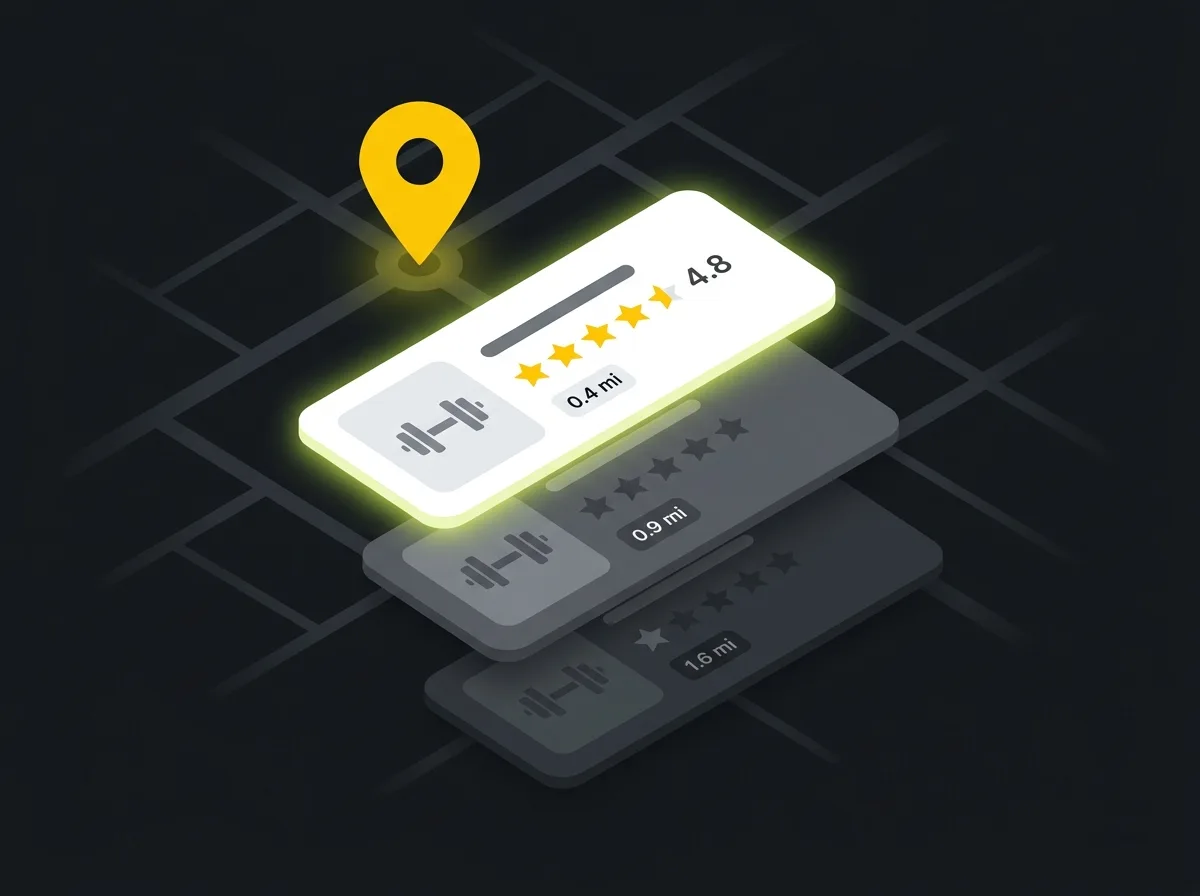 Stylised Google map pack showing three local gym listings with star ratings