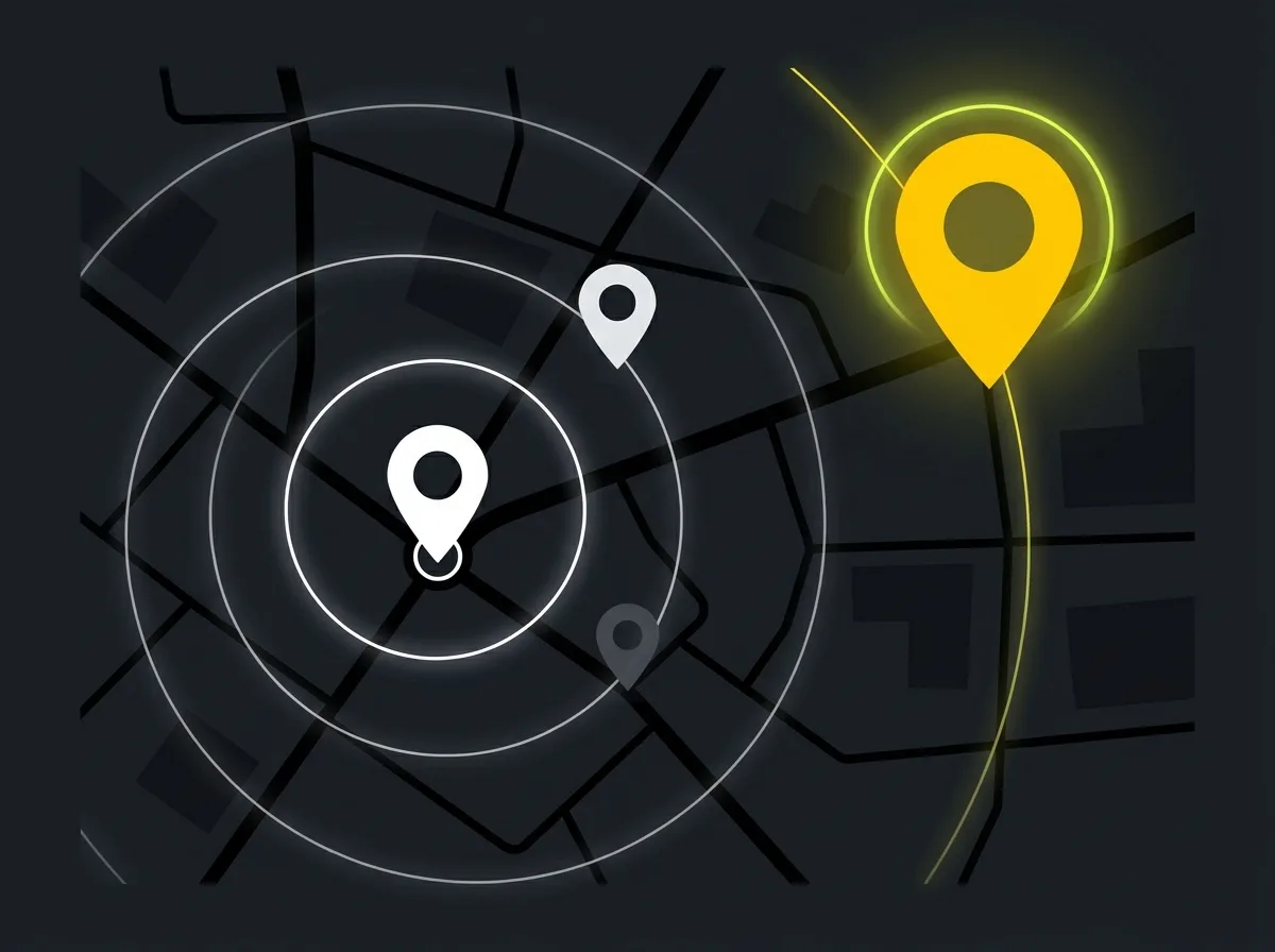 Stylised map showing gym proximity and prominence signals for near-me searches
