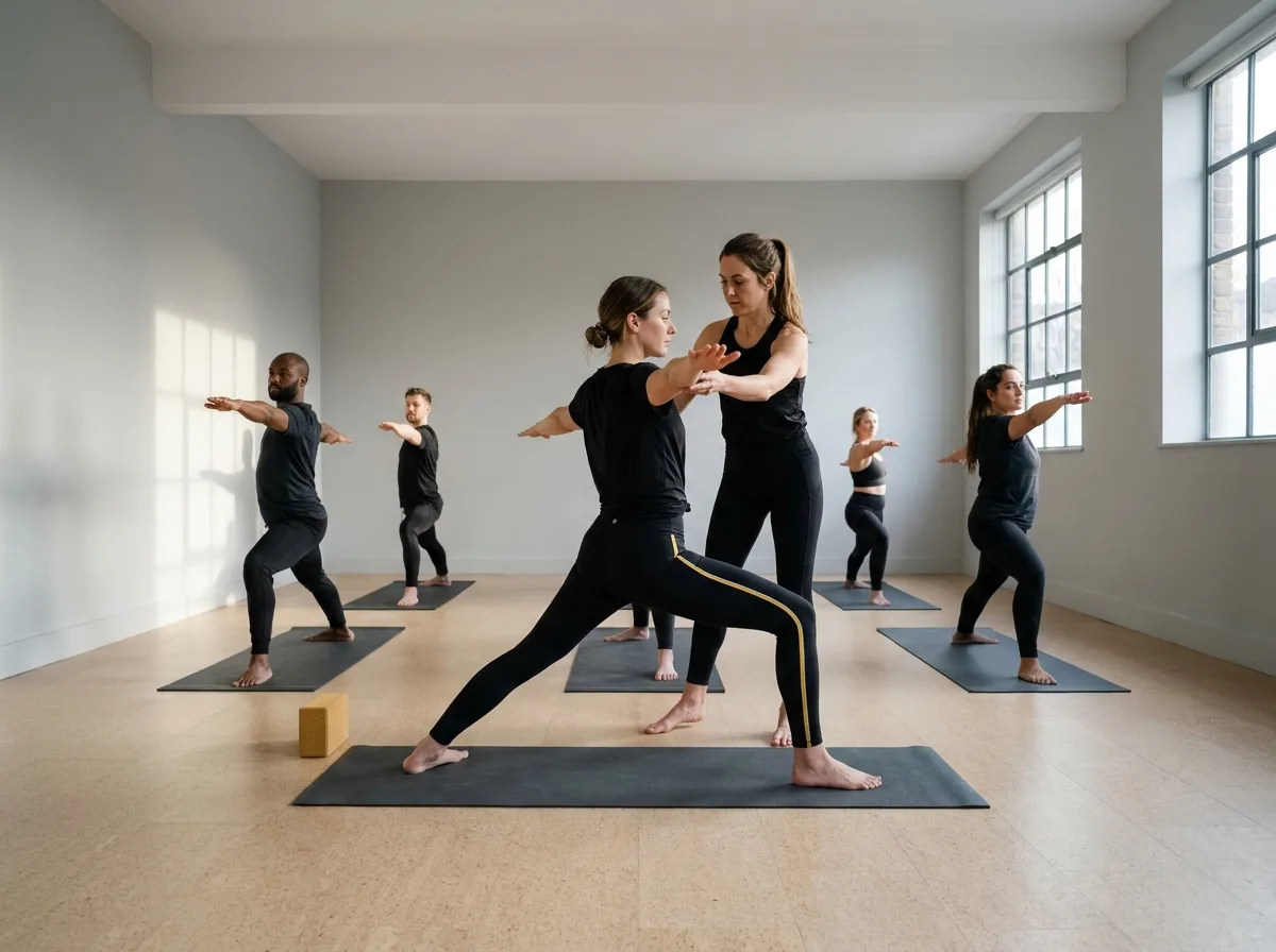 Yoga class in session in a light-filled fitness studio with instructor at front