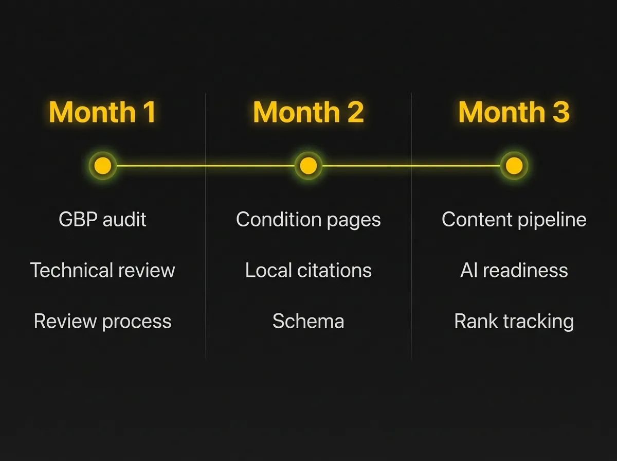 90-day SEO timeline for physiotherapy clinics showing three phases of implementation