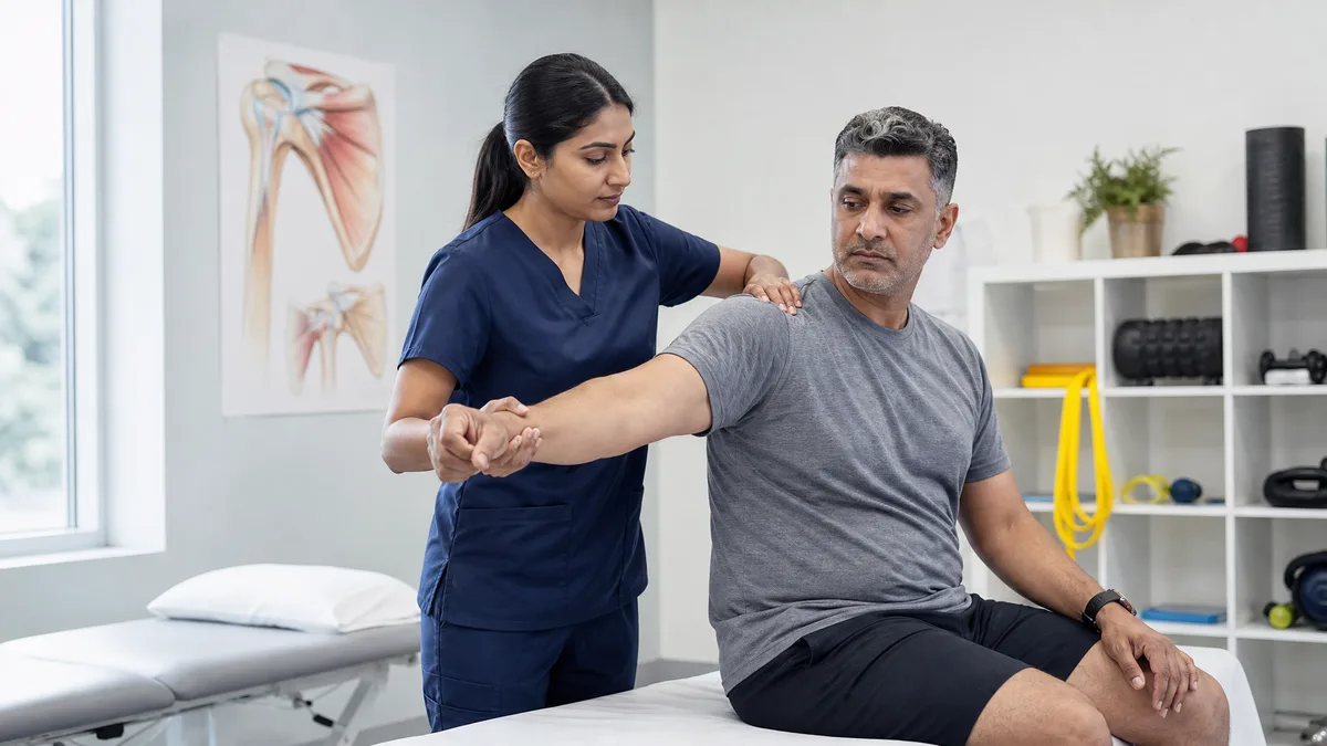 Physiotherapist performing a shoulder assessment in a clinical treatment room