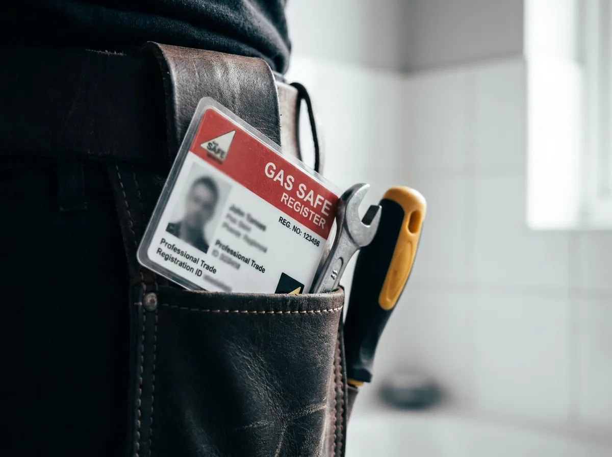 Gas Safe registered plumber ID card resting on a work belt at a domestic job