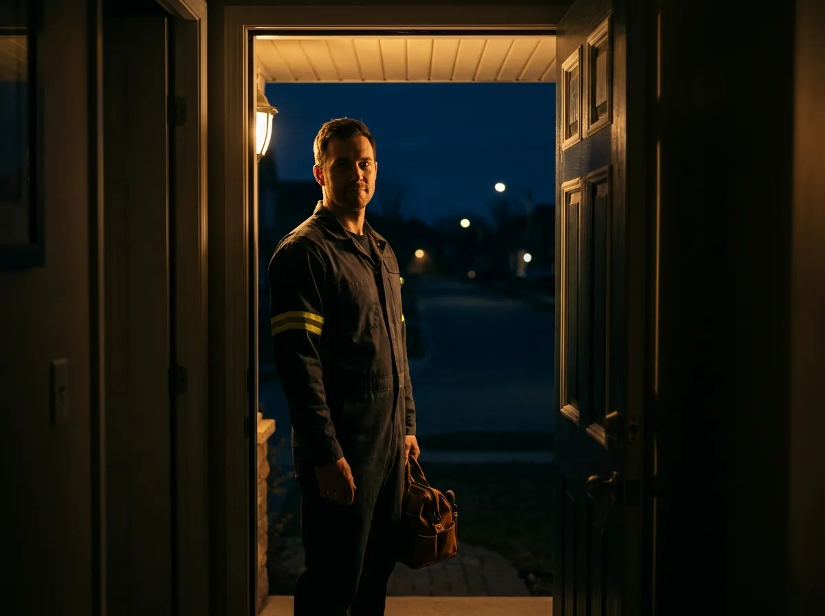Plumber arriving at a home doorstep in the evening with toolbag