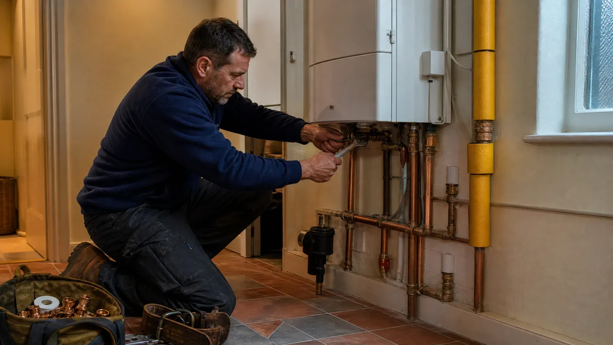 Plumber working on a boiler in a domestic utility room