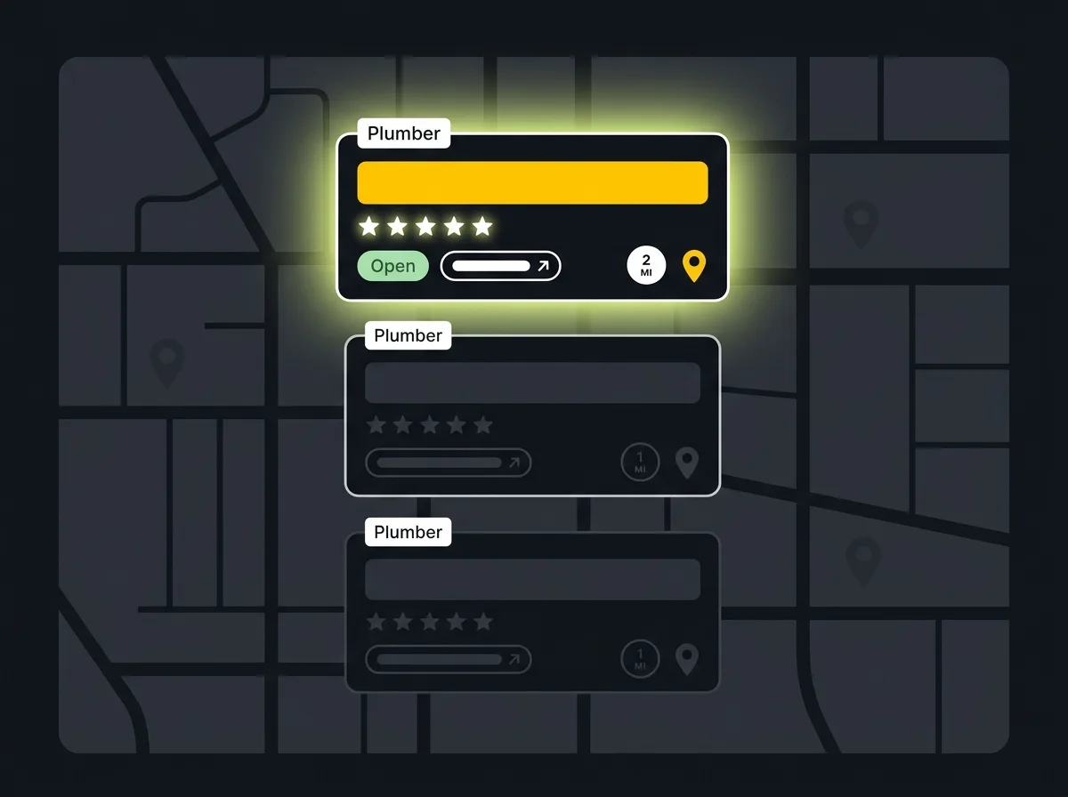 Stylised Google Maps local 3-pack showing three plumber listings with star ratings