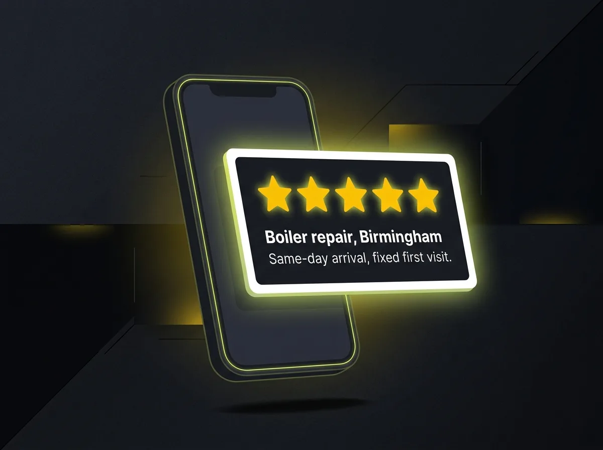 Stylised mobile Google review for a plumber showing five stars with specific job detail