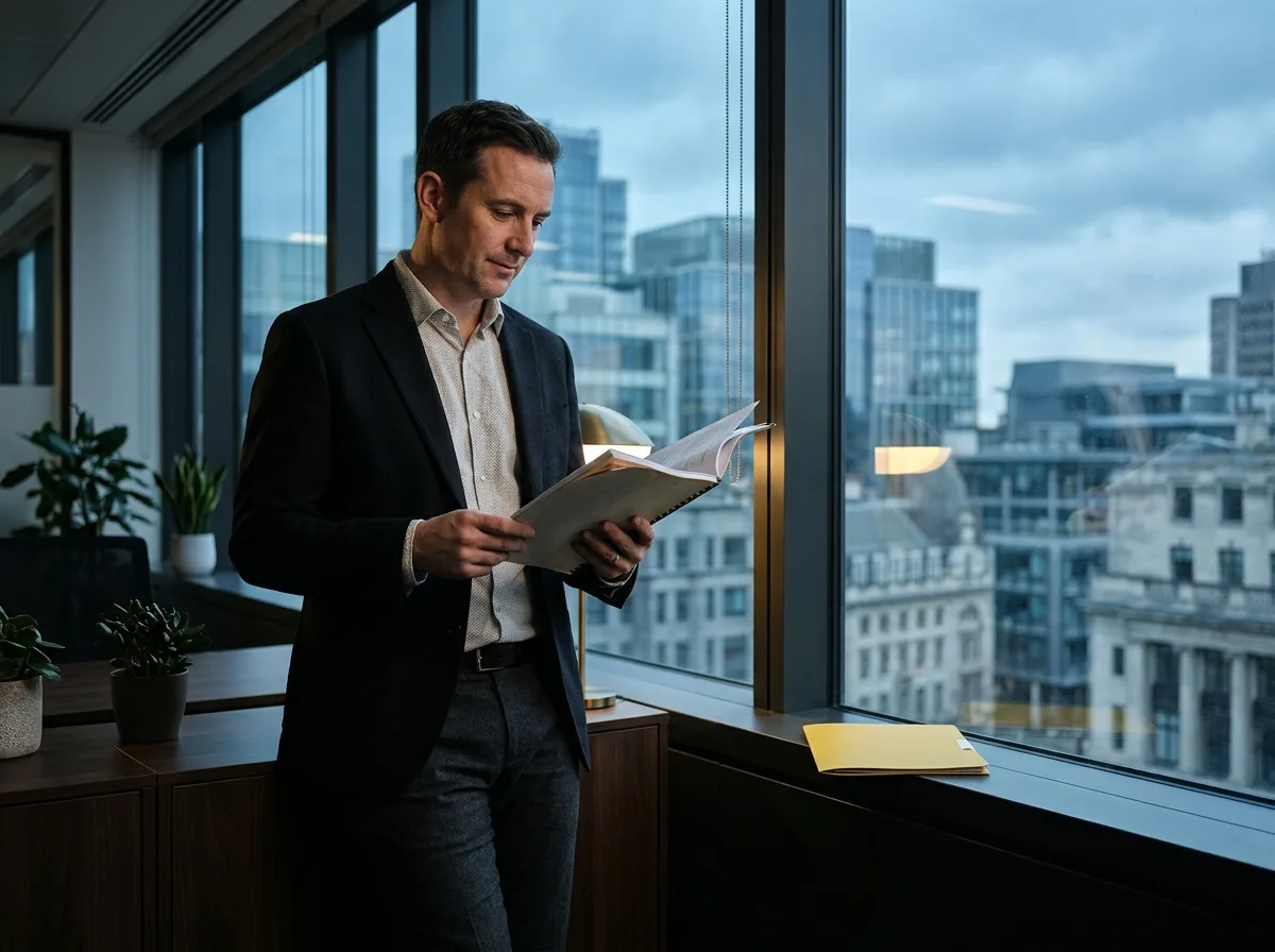 Professional reviewing a printed salary benchmark report in a UK office with a city view