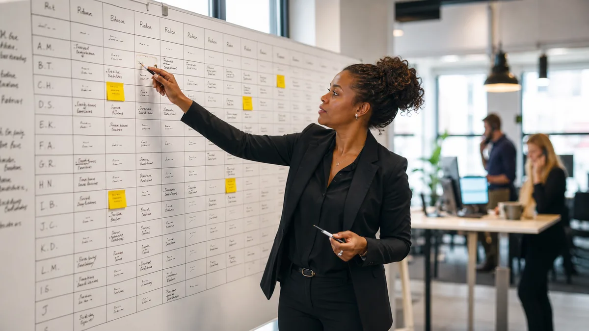 Recruitment consultant reviewing candidate placements on a job order whiteboard in a UK agency office