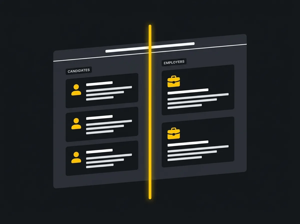 Split webpage illustration showing candidate content and client content served from one recruitment agency website