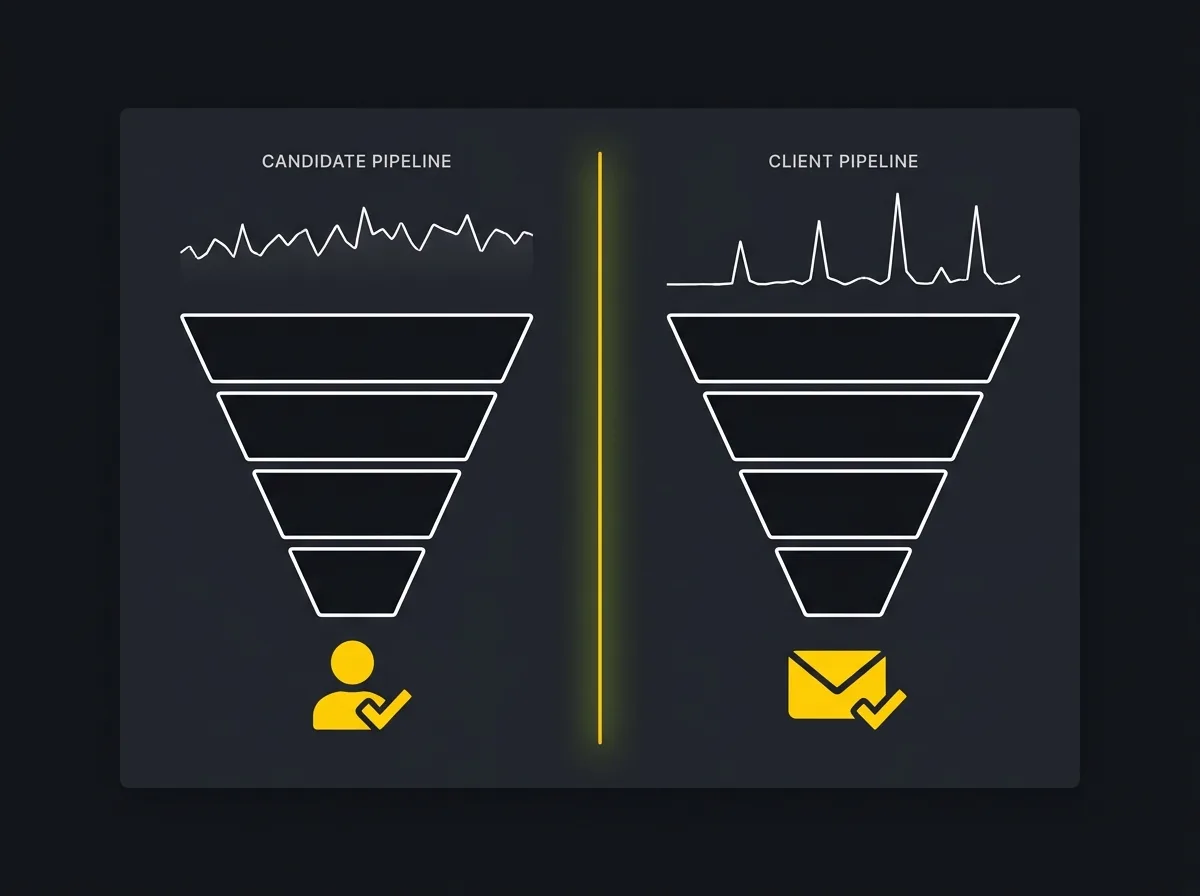 Stylised analytics dashboard with separate candidate and client conversion pipeline tracking