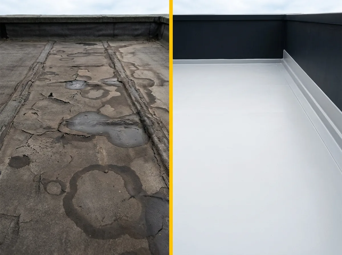 Before and after comparison of a flat roof replacement on a UK house extension