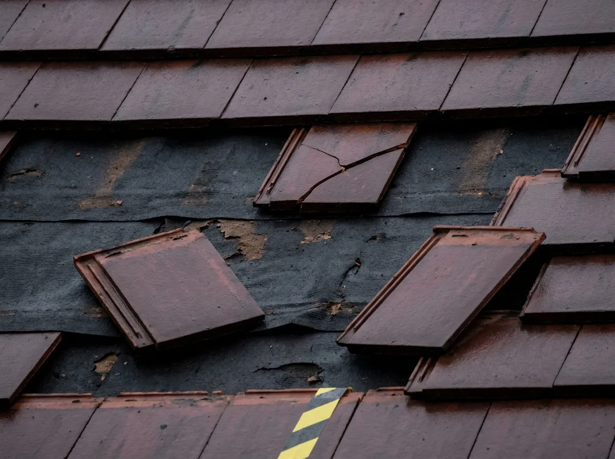 Dislodged clay roof tiles on a UK terraced house after storm damage