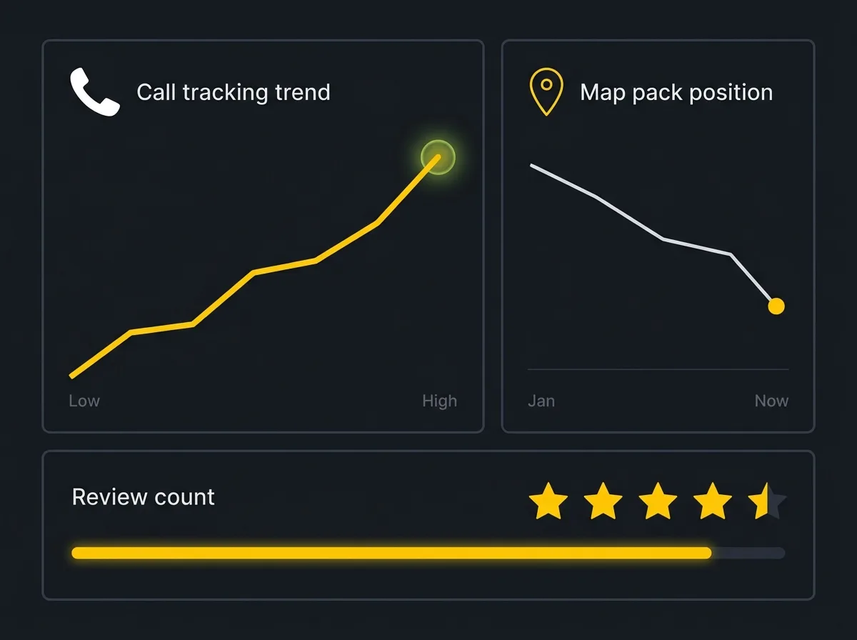 Stylised KPI dashboard showing call tracking and map pack position trends for a roofer
