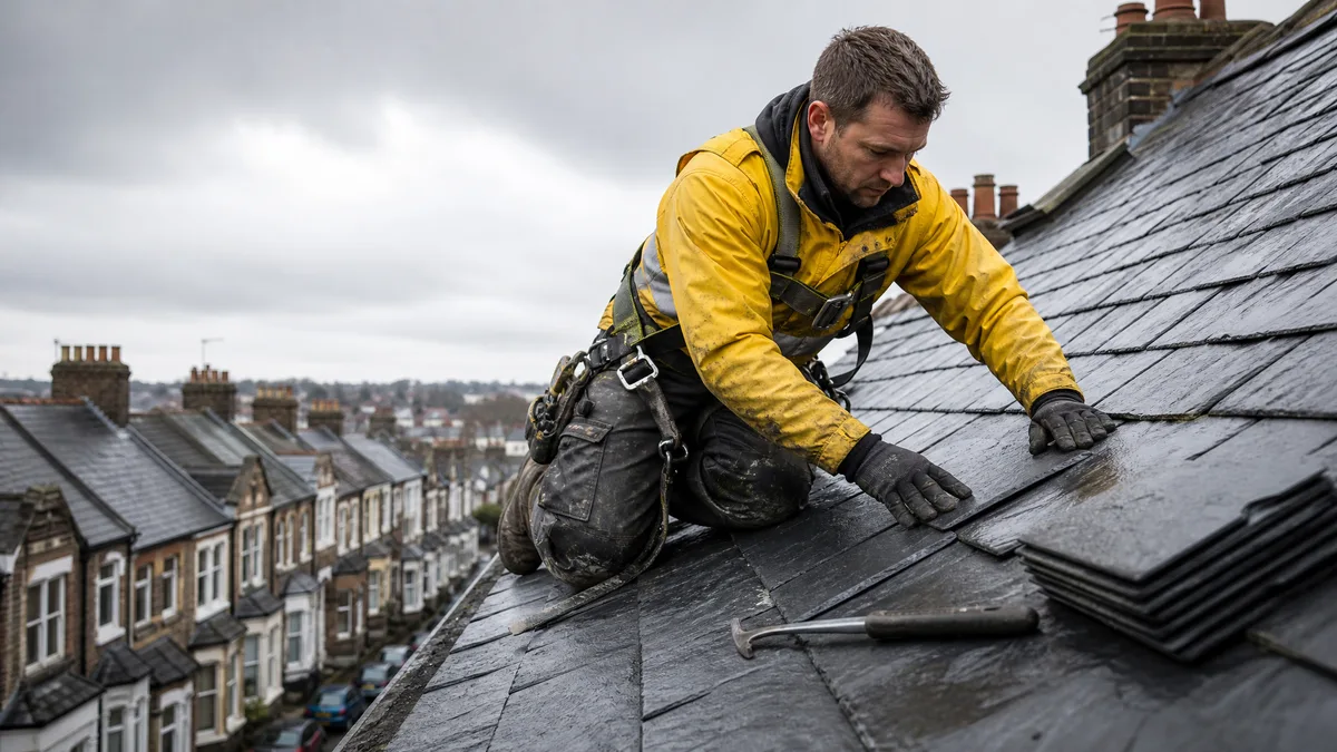 UK roofer laying slate tiles on the pitched roof of a Victorian terraced house