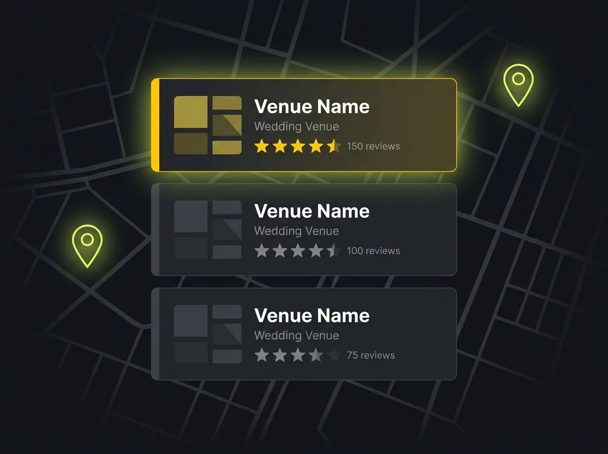 Stylised Google Maps local pack with three wedding venue listings and star ratings