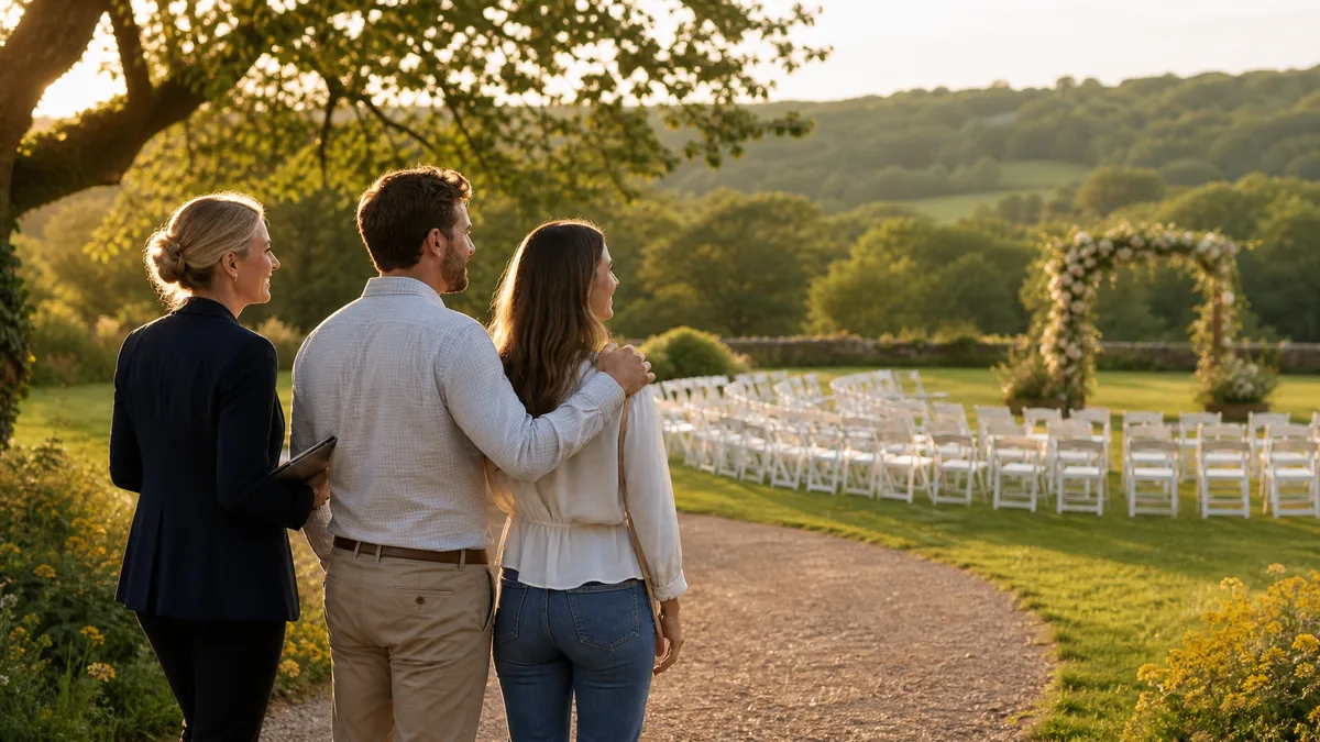 Venue manager walking a couple through a sunlit outdoor ceremony space at a countryside wedding venue