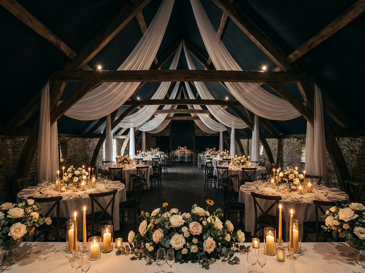 Wide-angle candlelit barn wedding reception showing full venue scale with wooden beams and round tables