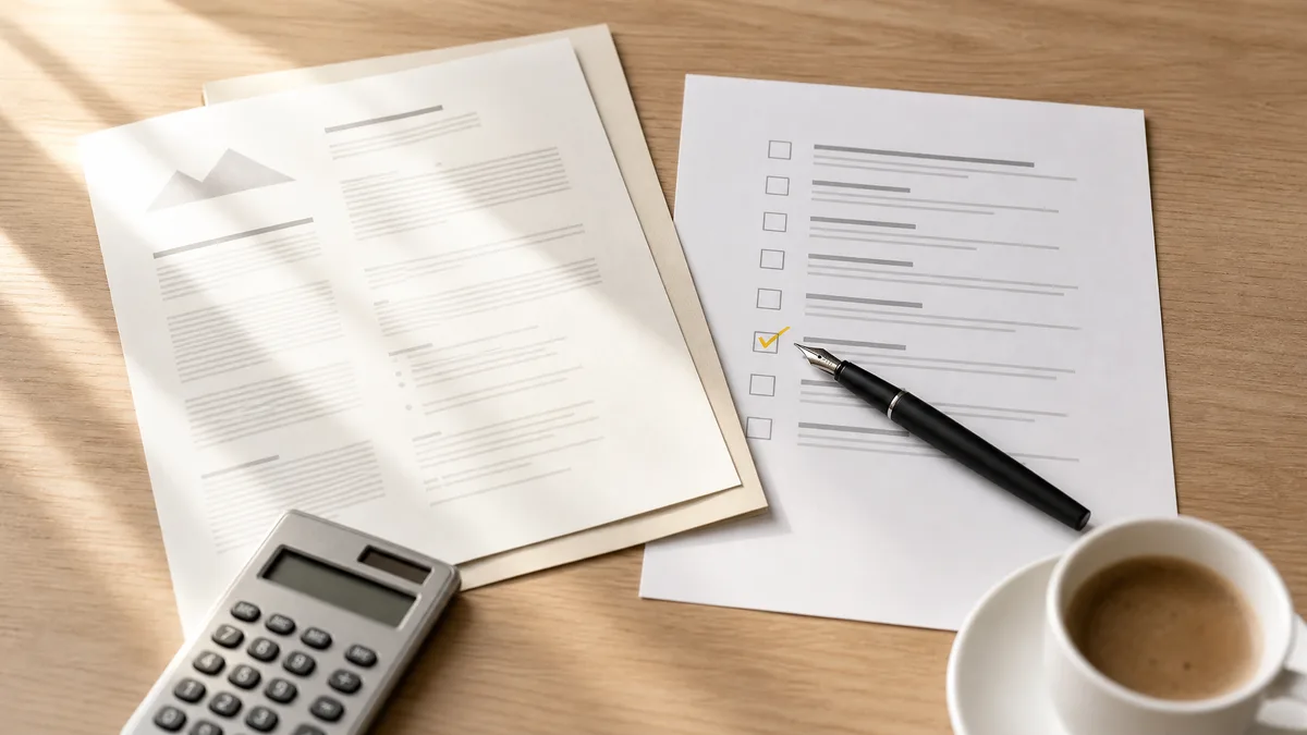 Flat-lay of SEO agency proposals and a checklist with one criterion ticked in yellow