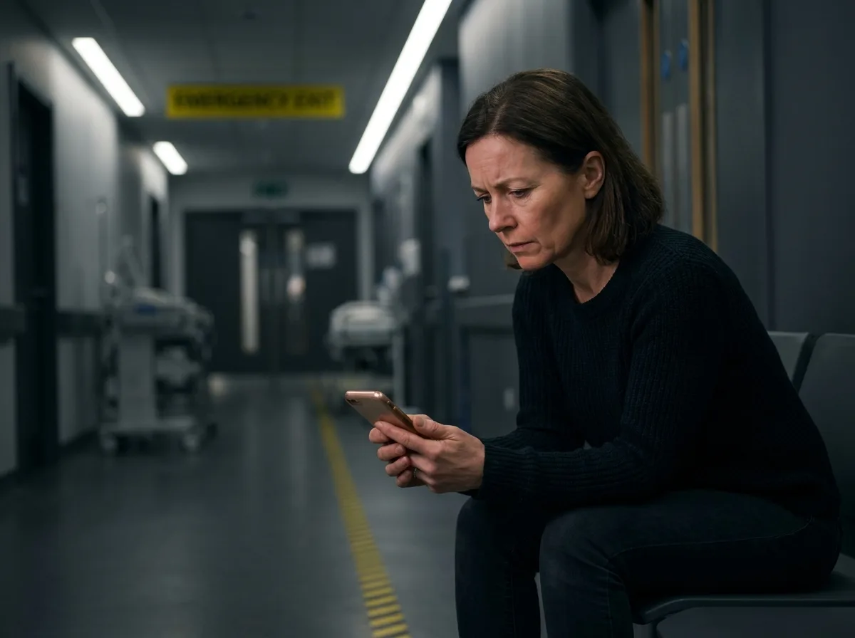 Adult daughter reviewing care home search results on a smartphone in a hospital corridor