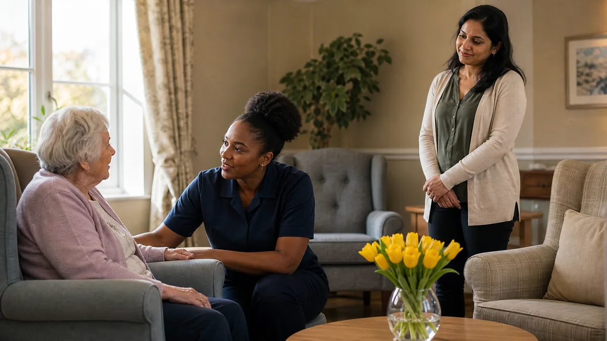 Care home manager speaking warmly with a resident and visiting family member in a bright communal lounge