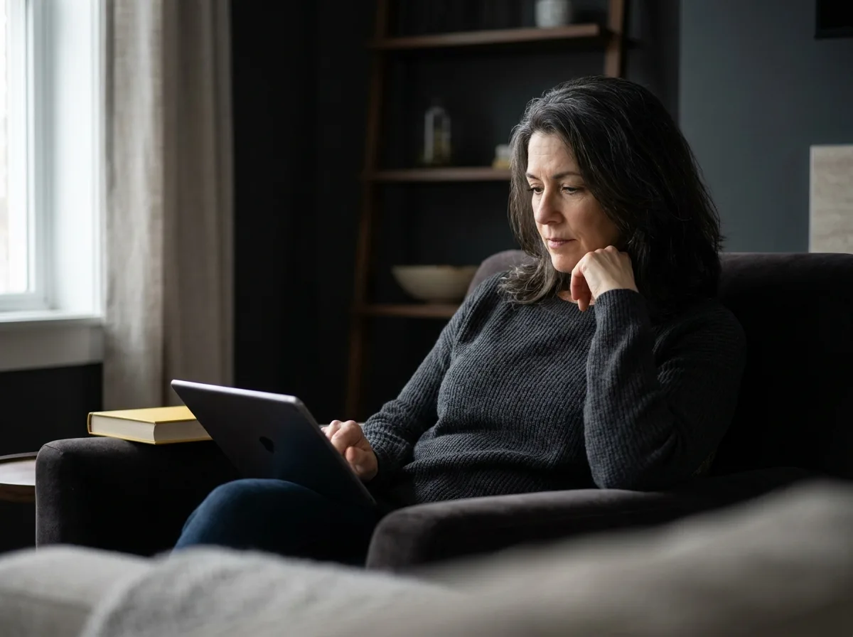 Family member reading care home reviews on a tablet in a calm living room