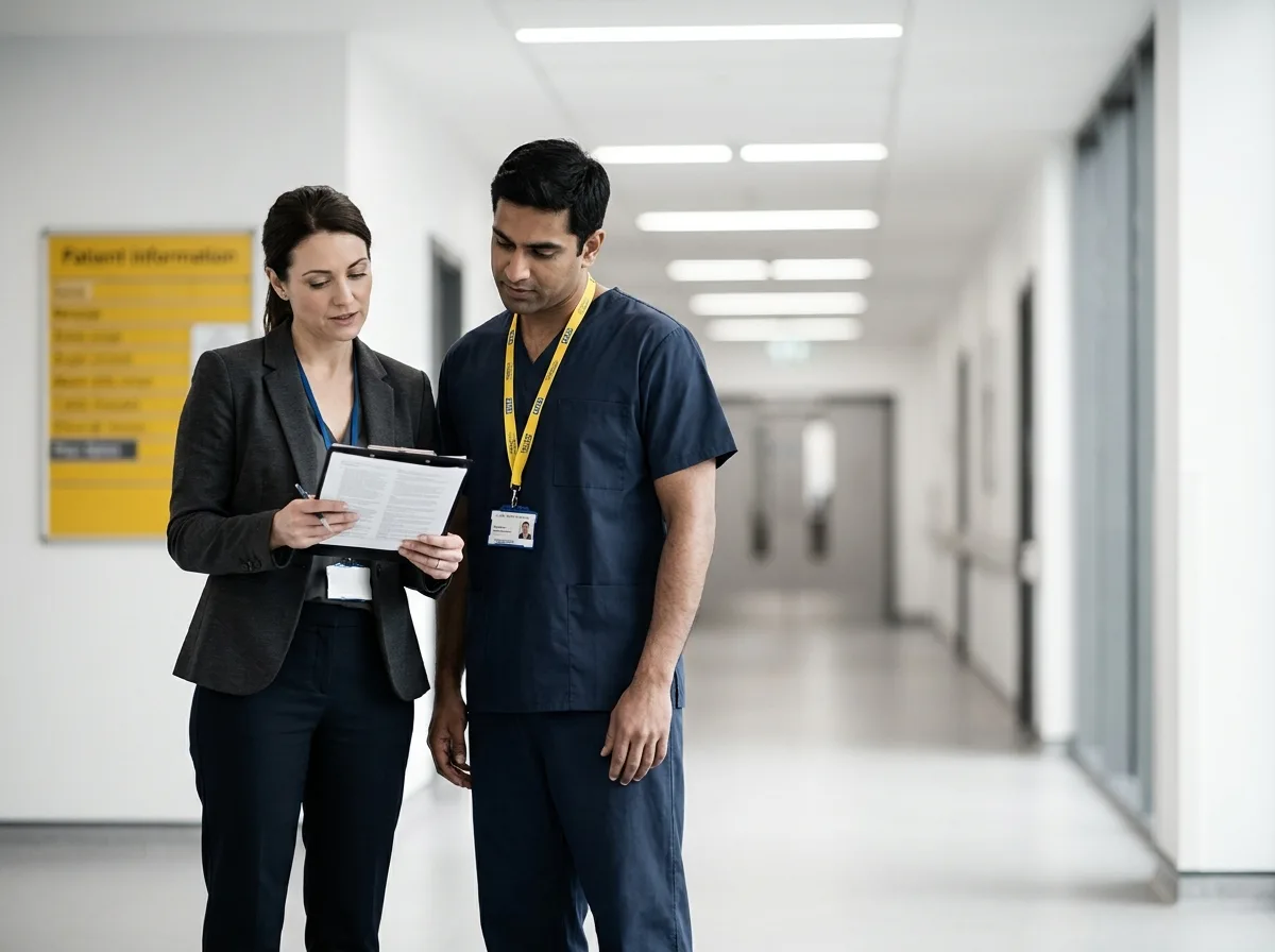 NHS hospital social worker and ward nurse reviewing a patient discharge plan in a corridor