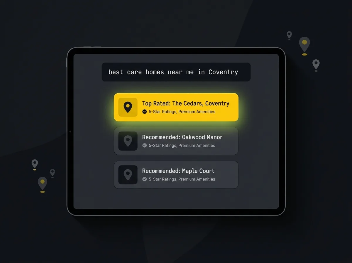 Stylised AI chat interface showing care home recommendations for a UK location