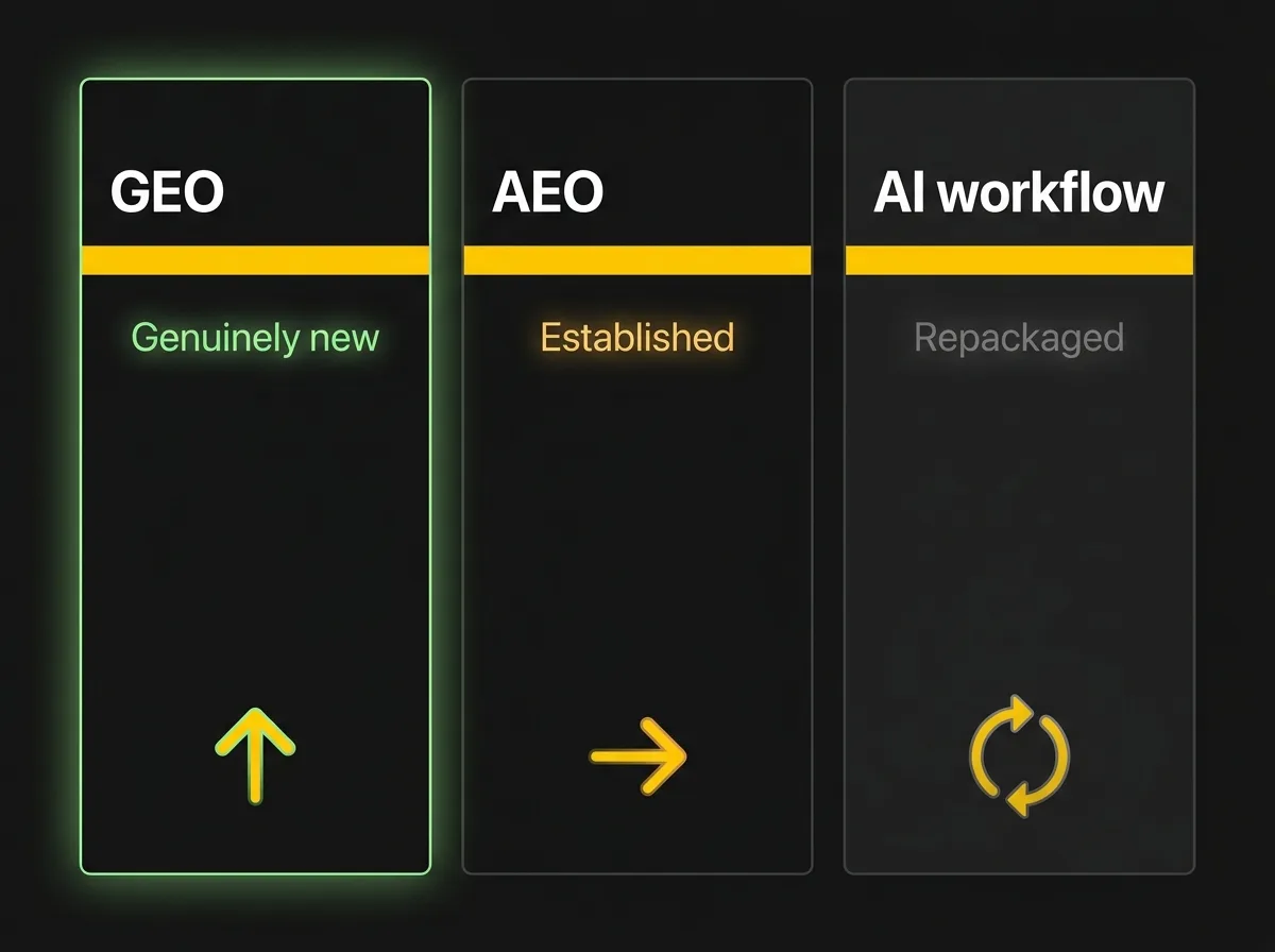 Diagram comparing three categories sold as AI SEO: GEO as genuinely new, AEO as established, and AI-augmented workflow as repackaged