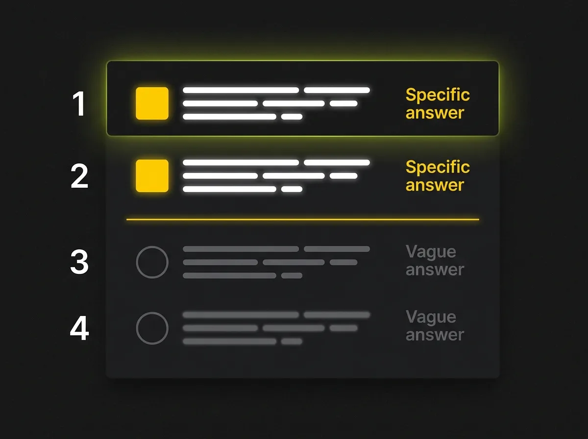 Evaluation checklist with four AI SEO agency questions showing specific versus vague answer signals
