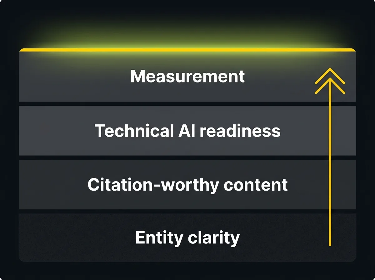 Layer diagram showing the four components of a properly built AI SEO programme in sequence