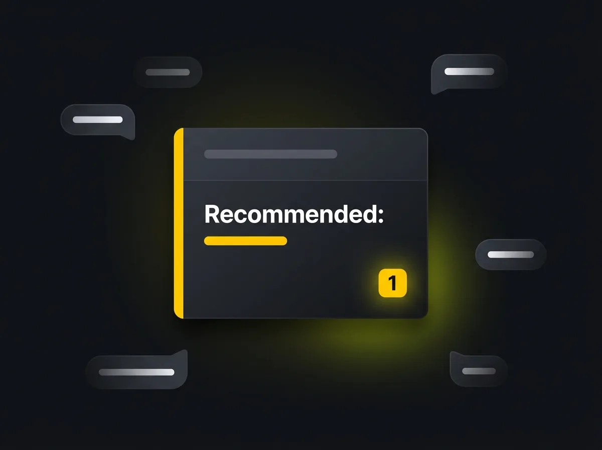 Stylised AI response card showing a business recommendation and source citation in an AI search interface