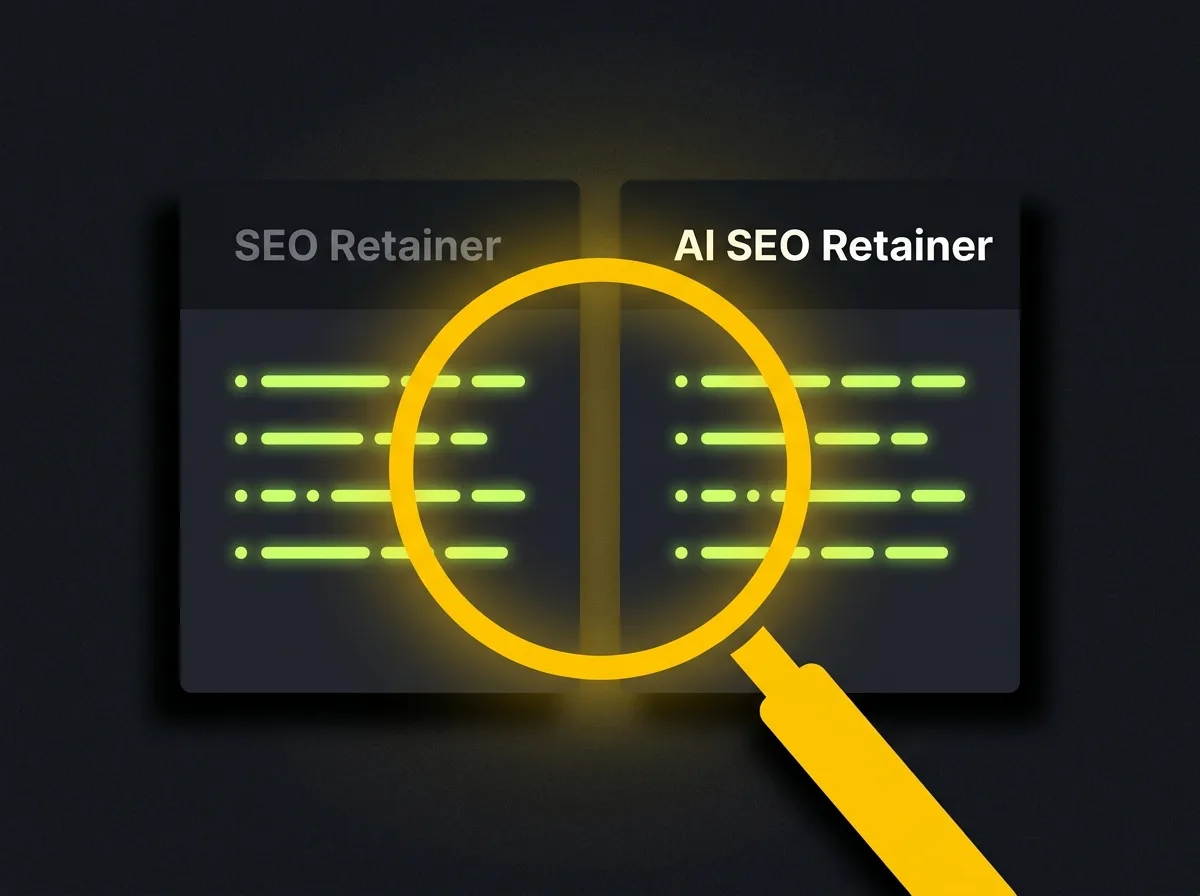 Two AI SEO service proposals from different periods with identical deliverables lists highlighted by a magnifying glass