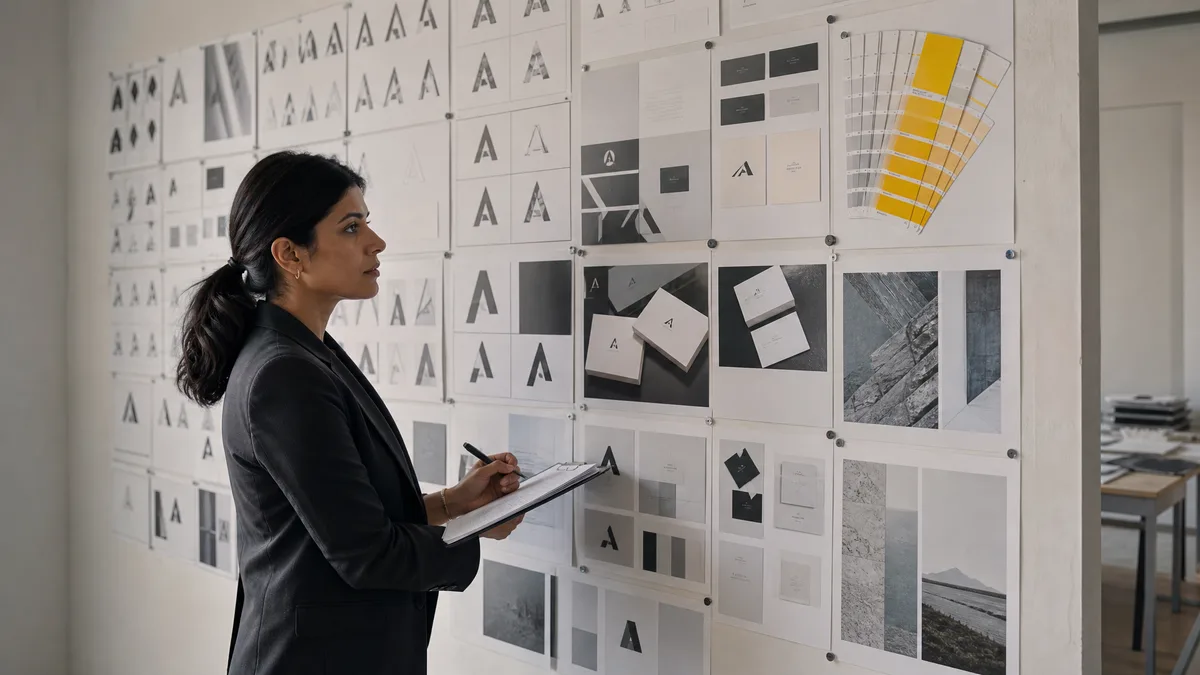 Brand designer reviewing printed logo and brand asset proofs pinned to a studio wall