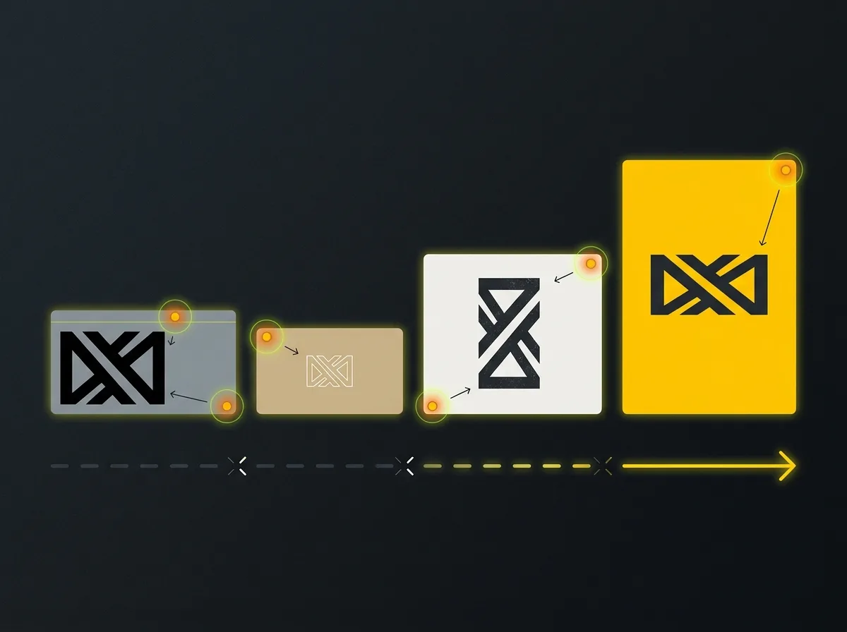 Four brand touchpoints showing inconsistent logo and colour use across website, business card, social profile, and proposal