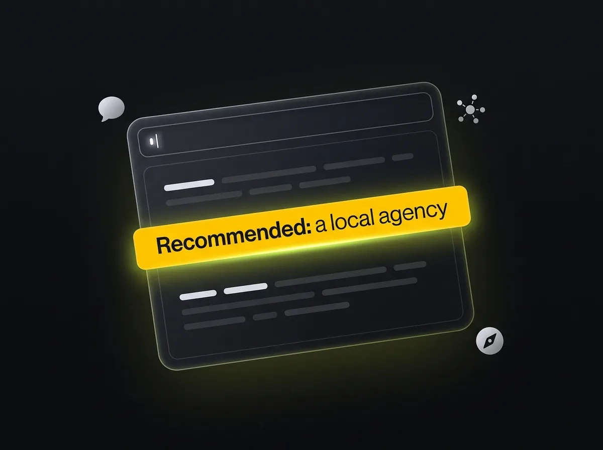 Stylised AI chat interface showing a business recommendation in a conversational AI response