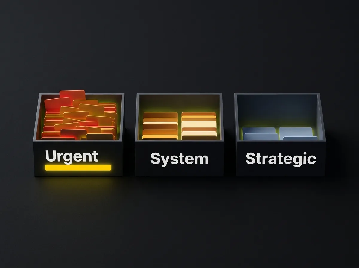 Three labelled buckets representing urgent fixes, system improvements, and strategic shifts from a brand audit
