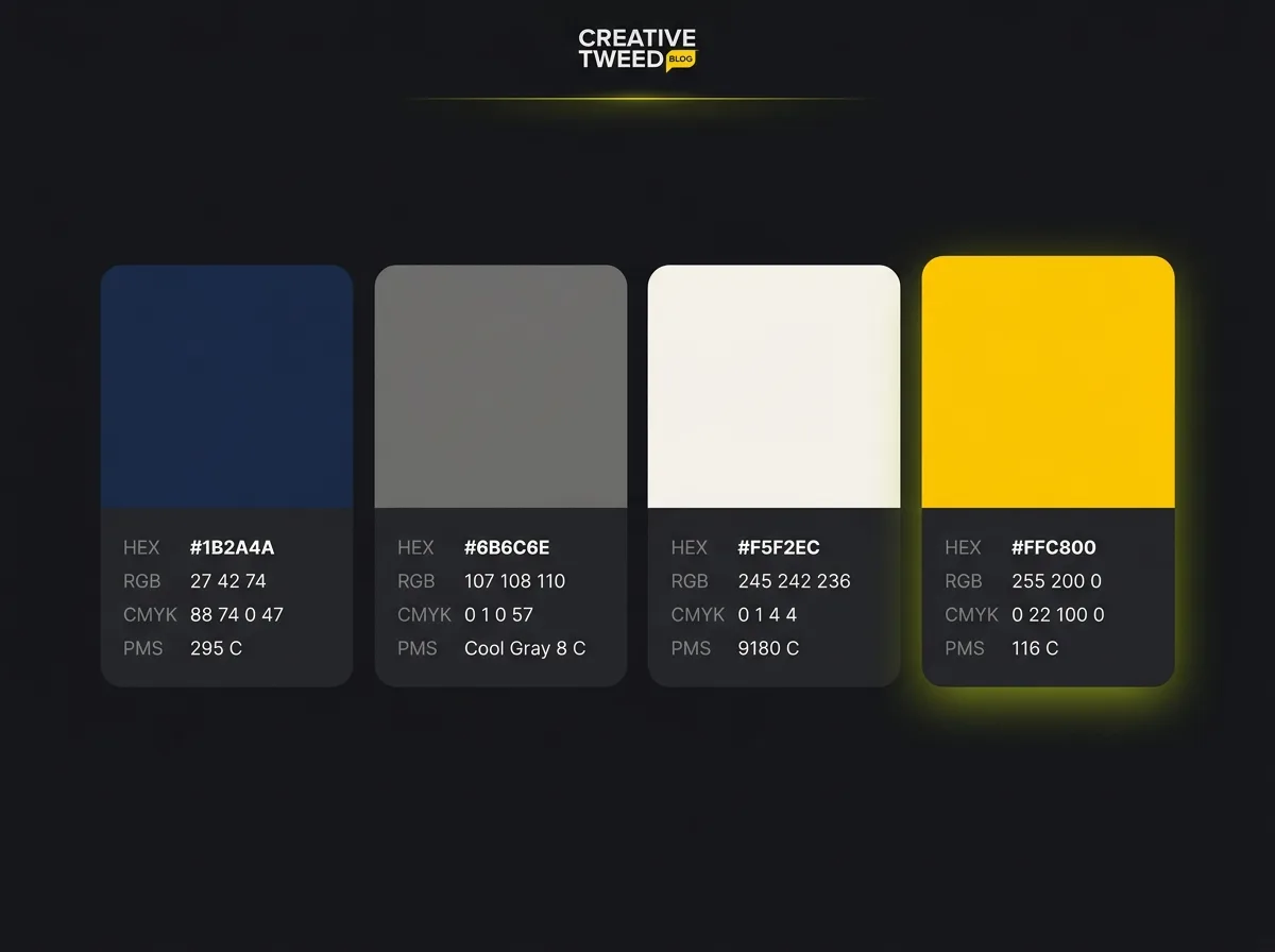 Four brand colour swatches each labelled with HEX RGB CMYK and Pantone references