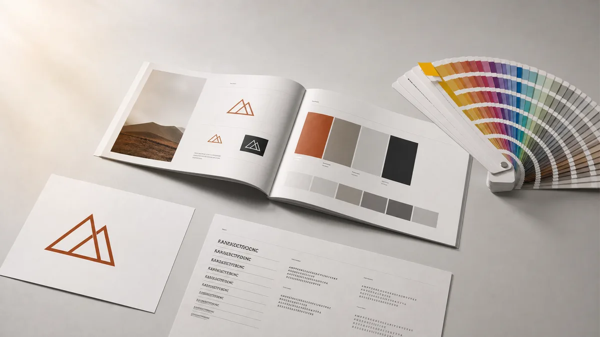 Printed brand guidelines booklet open alongside Pantone swatches and logo specimen cards
